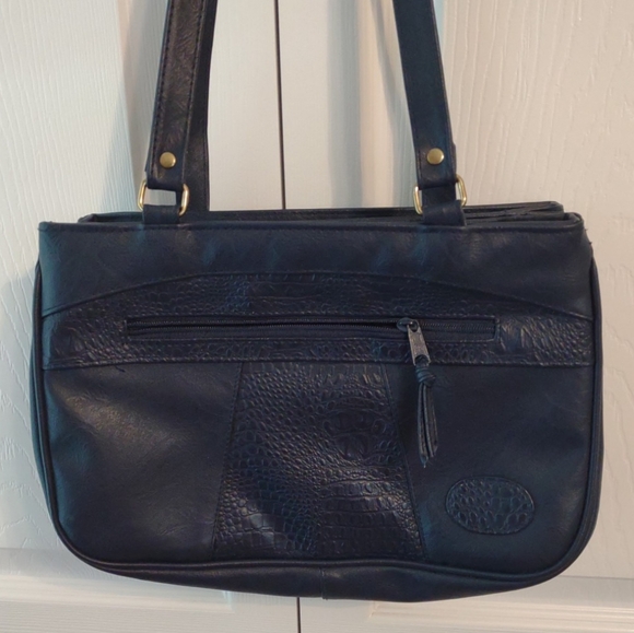 Vintage Blue 3 Compartment Faux Leather Women’s Shoulder Handbag Purse 12”x 8” - Picture 3 of 6